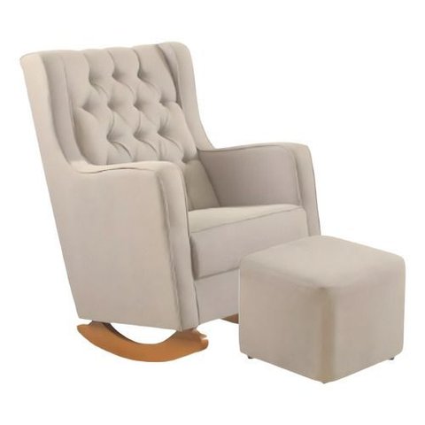 Kit Poltrona Amamentação Nina Bege Puff Balanço Madeira Alta