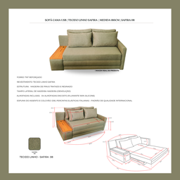 Sofá Cama USB | com Tampo Lateral ESQUERDO  | Tecido LINHO SAFIRA | MEDIDA 180CM | SAFIRA - 4