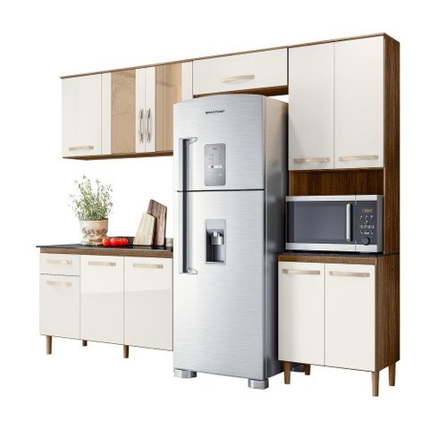 Cozinha Compacta Manu C/ Porta de Vidro + Balcão Manu com Tampo 120 Cm Carvalho/carvalho/off White