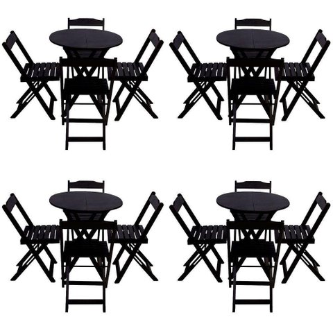 Kit 4 Jogos De Mesa Dobravel Com 4 Cadeiras Tampo Redondo 70X70 Preto - Preto