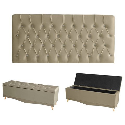 Kit Estrela Cabeceira de Cama Painel e Calçadeira Baú Botão Cristal Casal 140 Cm Suede Bege Eli Móve