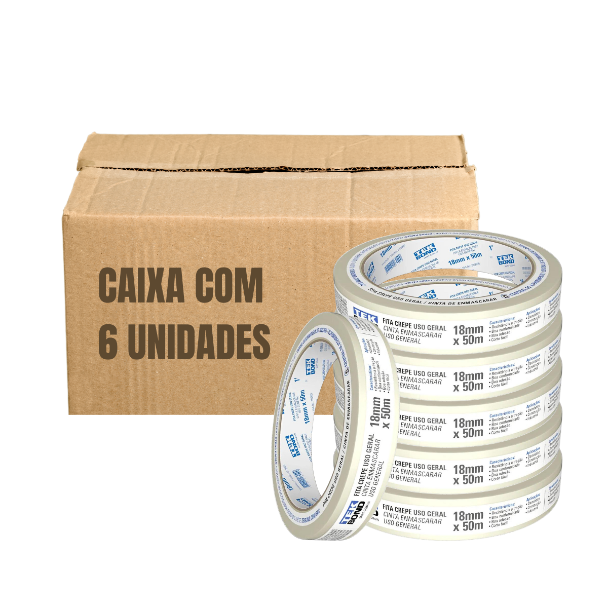 Fita Crepe Uso Geral Rolo 18mmx50m - Tekbond - Cx 6 Un - 6