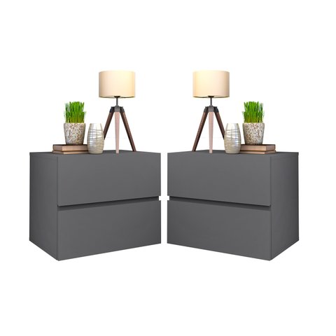 Kit 2 Mesas de Cabeceira Suspensa 2 Gavetas Mdf Cinza Fosco com Corrediça Telescópica Moderna