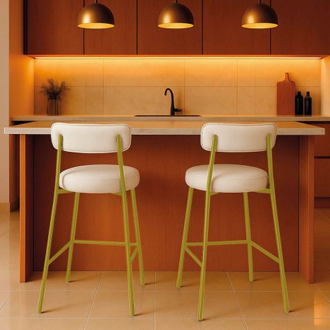 Banqueta Cozinha Média com Encosto Londres Kit 2 PU Aço Industrial Dourado D03 - D'Rossi