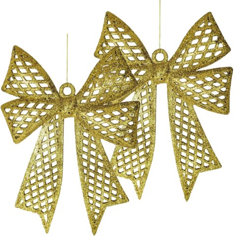 Kit 10 Enfeites Árvore de Natal Laço Dourado Glitter 24cm