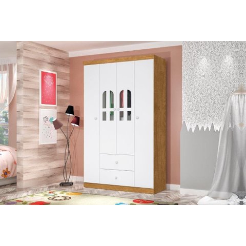 Roupeiro / Armário CAT Modelo Infantil 4 Portas Com Detalhes em Acrílico + 2 Gavetas Com Pintura UV 