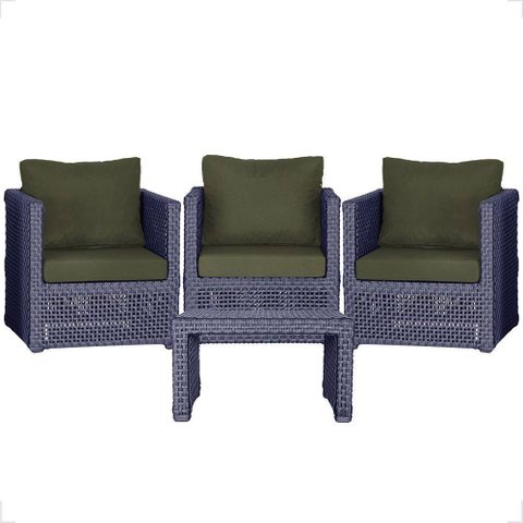 Mesa e 3 Poltronas Madri Corda Náutica Estofado 13 Trama Azul