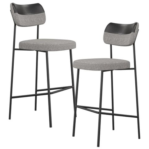 Kit 02 Banquetas Alta Bar Cozinha Sala Jantar Preto Elira L02 Couríssimo Preto Linho Cinza - Lyam