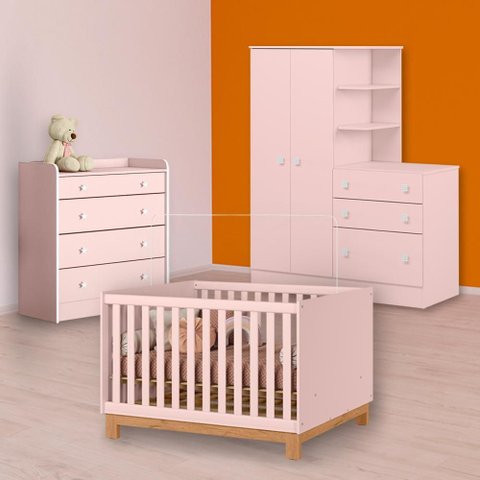 Conjunto Berço Mini Cama Slim, Cômoda Trocador e Guarda Roupa C/ Cômoda Rosa