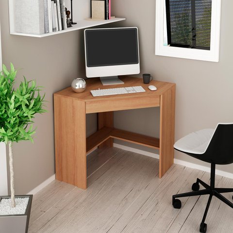 Mesa Escritório Office de Canto Escrivaninha com Gaveta: Amêndoa