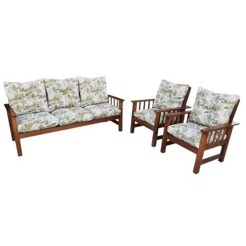 Conjunto Cancún Sofá 3 Lugares e Poltronas de Madeira Estofado Floral Verde