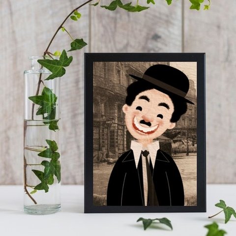 Quadro Decorativo Charlie Chaplin Ilustração 24x18cm - com vidro:Madeira branca