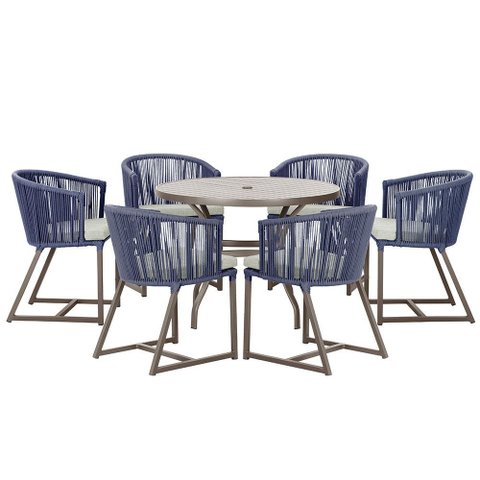 Mesa com 6 Cadeiras de Jantar Roma 120cm e Noronha em Alumínio Marrom Corda Náutica Estofado 3 Trama