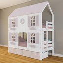 Ver imagem 1 de Beliche Casinha Bela com Coração 2 Gavetas Rosa 4 Janelas Venezianas - Madeira Maciça Branco/rosa