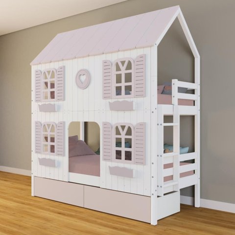 Beliche Casinha Bela com Coração 2 Gavetas Rosa 4 Janelas Venezianas - Madeira Maciça Branco/rosa