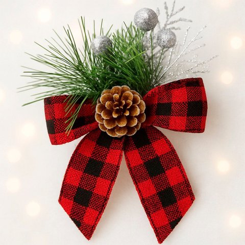 Arranjo Pinheiro Laço Enfeite Natalino Xadrez 15cm Kit 16pçs