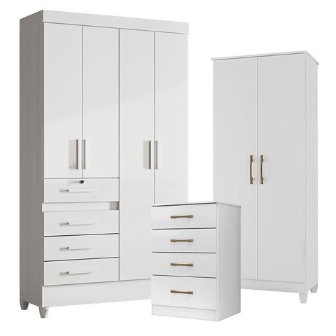 Guarda Roupa Infantil Sobral com Cômoda Ms913 e Armário Multiuso Jade Branco Brilho – Moval
