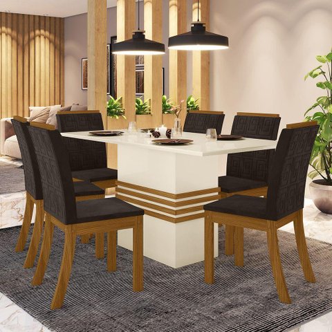 Conjunto Sala de Jantar Tampo Mdf 160 Cm 06 Cadeiras Marilia Casa 812 Nature com Off White e Marrom