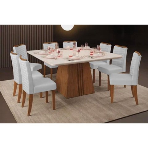 Sala de Jantar Completa Itália Tampo Madeirado C/ Vidro Curvo 136x136cm e 8 Cadeiras Julia Freijo/