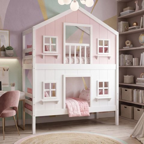 Beliche Infantil Casinha Dos Sonhos com Fechamento Inferior Branco em Madeira Maciça Rosa | Branco