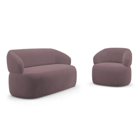 Kit Poltrona Giratória e Sofá Orgânico Living Glee 02 Lugares 140cm Veludo Rosê - Desk Design