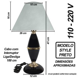 Abajur Clássico Style Quarto Sala Luminária Decoração – Preto Cúpula Branca - 2