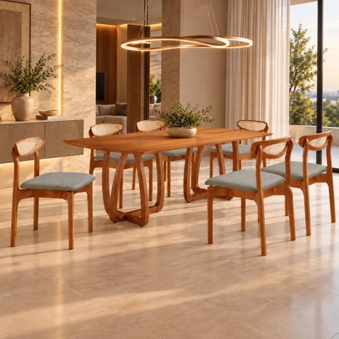 Conjunto de Mesa de Jantar Ello Tampo 180cm Barril Laminado com 6 Cadeiras Mônaco Premium