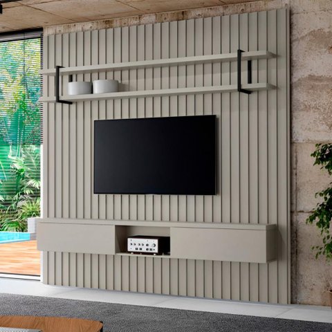 Painel Ripado para Tv com Prateleira e Nicho 240cm 100% Mdf Cor:grigio com Preto