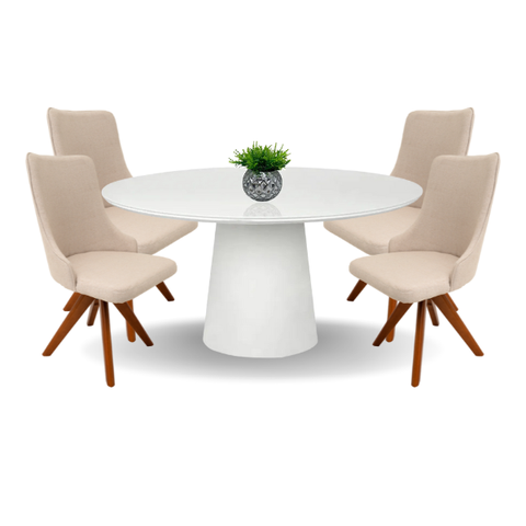 Conjunto Mesa de Jantar Cone 110 cm Laca Branca + Vidro Com 4 Cadeiras Roma Giratória Personal Decor