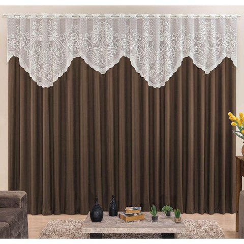 Cortina Nicole 4 Metros Tabaco Tecido Microfibra com Renda Floral Sala Quarto