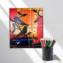 Ver mais imagens de Quadro Decorativo Pássaros Negros em Fundo Abstrato Pintados a Mão Medindo 30x25cm