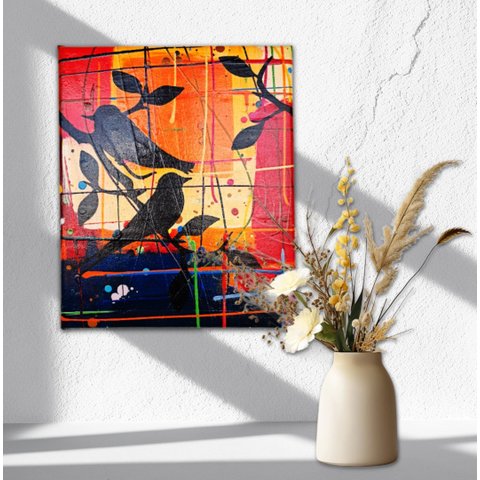 Quadro Decorativo Pássaros Negros em Fundo Abstrato Pintados a Mão Medindo 30x25cm