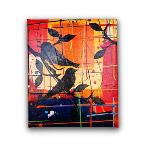 Quadro Decorativo Pássaros Negros em Fundo Abstrato Pintados a Mão Medindo 30x25cm