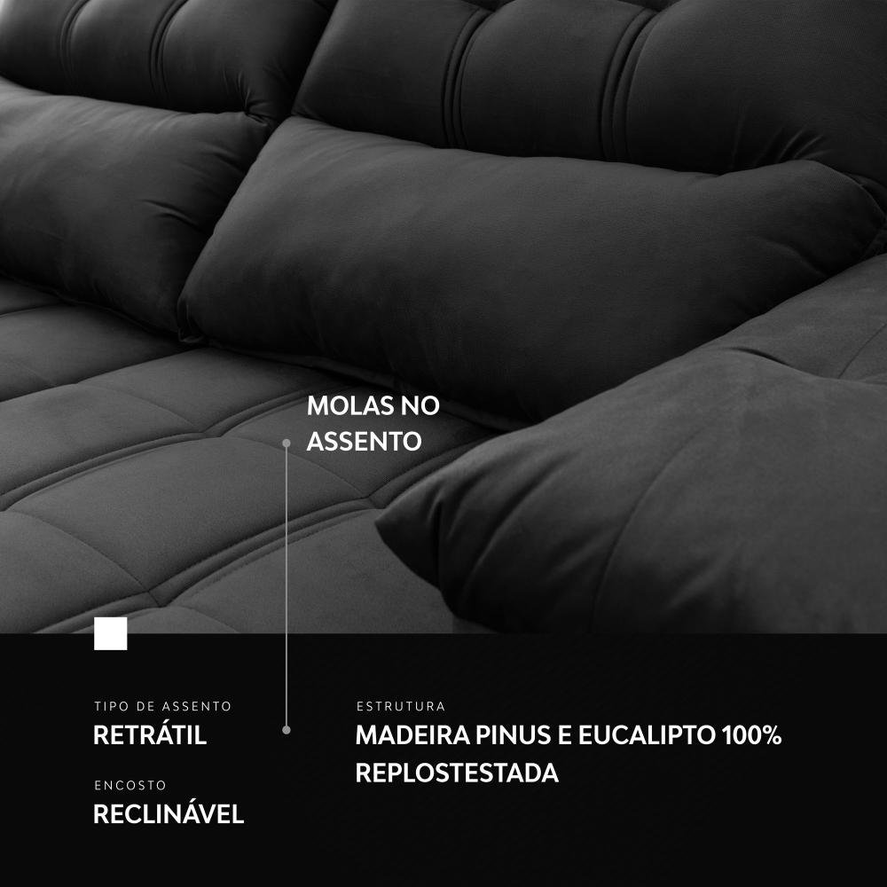 Sofá Retrátil/reclinável Verona 1,80m Suede Velut Cinza C/ Molas no Assento - King House - 8