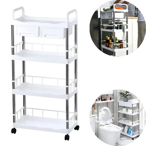 Prateleira Multiuso - 4 Andares, Rodinhas e Gavetas Branca