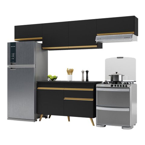 Armário de Cozinha Compacta 260cm Veneza Multimóveis V3697 Preto/Dourado