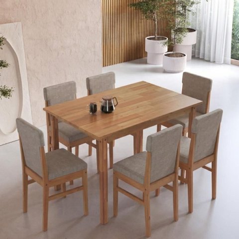 Conjunto Mesa de Jantar 160cm 6 Cadeiras Madeira Maciça Estofadas Arezzo Amêndoa/cinza Claro Cbmj4a1