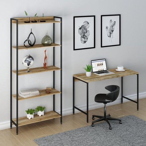 Conjunto Industrial 2 Peças Escrivaninha com Estante Active Yescasa Marrom