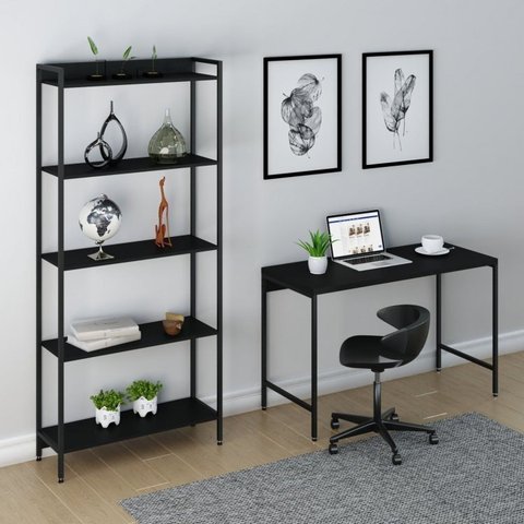 Conjunto Industrial 2 Peças Escrivaninha com Estante Active Yescasa Preto/Ônix