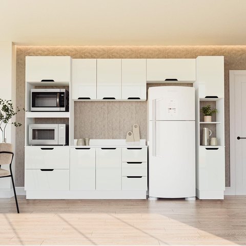 Cozinha Meena 5 Peças Armários Aéreos Torre Quente Paneleiro Balcão Tampo Rodapé Branco 250074