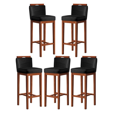 Kit 5 Banquetas Alta para Bancada Gourmet 38x102 Cm Líbia Madeira Maciça Suede Preto CCS