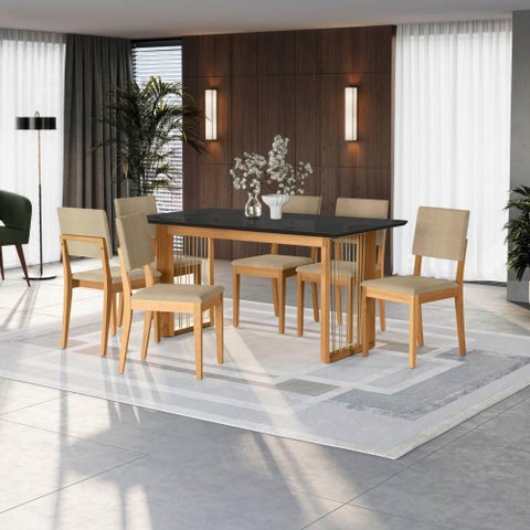 Conjunto Sala de Jantar Dora em Madeira Maciça 6 Cadeiras Boucle Bege