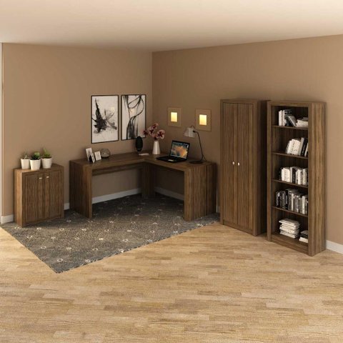 Kit Escritório Completo com Mesa Estante Armário e Balcão Cor:nogal