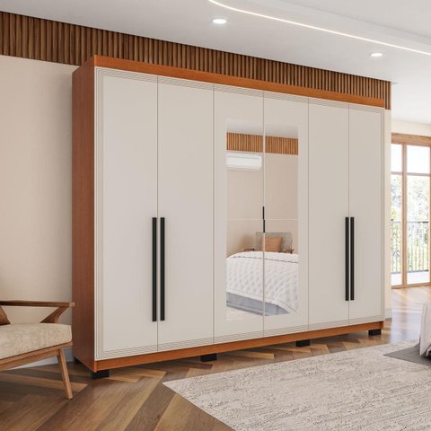 Roupeiro Casal Valência 6 Portas com Espelho 242x214cm Freijó/Creme 240852