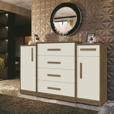 Comoda com sapateira 5 gavetas 2 portas 100% MDF Elen Off White/Castanho - Fenix