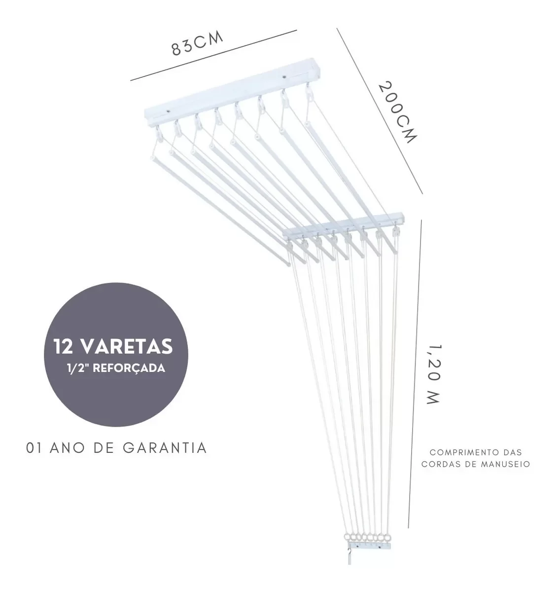 Varal De Teto Individual 200cm x 12 Varetas - Em Alumínio Branco - 2