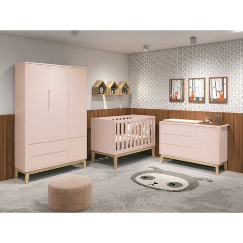 Jogo de Quarto para Bebê Completo 3 Portas Classic New Rosa Fosco com Natural - Reller