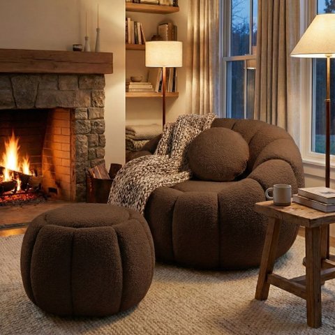 Kit Poltrona Decorativa Concha c/Almofada e Puff Boucle Marrom Abobora - Montanaris Decor