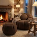Ver imagem 1 de Kit Poltrona Decorativa Concha c/Almofada e Puff Boucle Marrom Abobora - Montanaris Decor