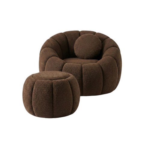 Kit Poltrona Decorativa Concha C/almofada e Puff Boucle Marrom Abobora - Montanaris Decor